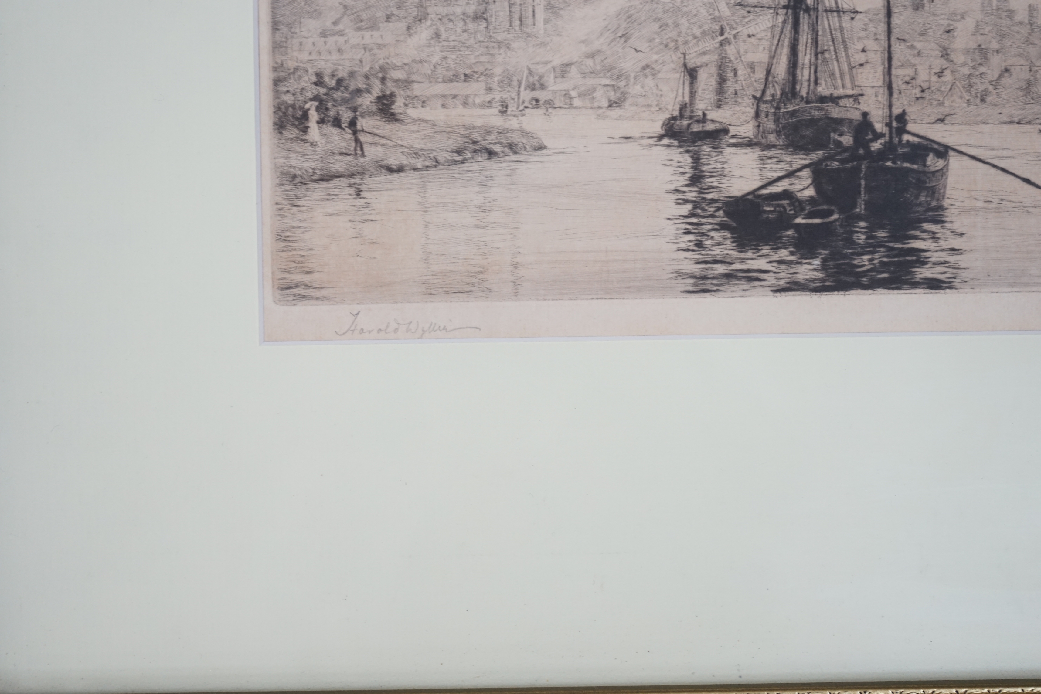 Harold Wyllie (1880-1973) etching, River boats and sailing ship, pencil signed and numbered XXI together with Robert William Arthur Rouse (1867-1951) colour etching, Tower Bridge, pencil signed, largest 16 x 31cm